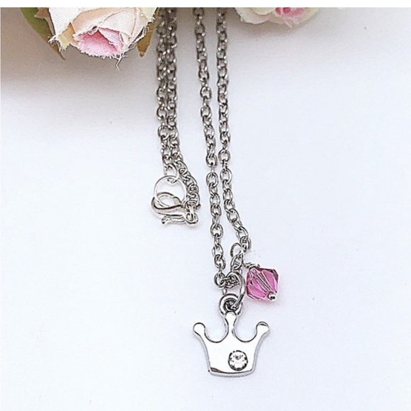 Silver Crown Necklace w/ CZ Dot & Pink Swarovski Dangle, 14”-17”, NWT, Gift Box - Picture 2 of 6